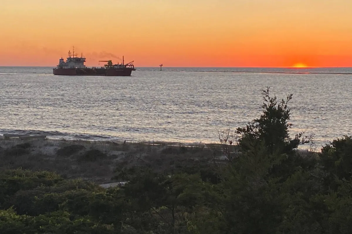 A stunning sunset over the ocean with a ship in the distance, waves gently rolling toward the shore, and coastal vegetation in the foreground. The scene is serene and inviting, perfect for evening walks, photography, or beach picnics at dusk.