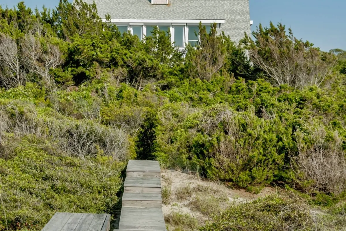 An exterior shot of a wooden pathway surrounded by lush greenery, leading up to the house’s facade. The path is inviting and peaceful, reflecting the natural beauty and tranquility of the island setting.